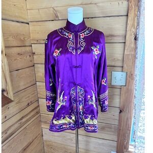 Vintage Silk Tunic Women Large Purple Phoenix Embroidered Tang Coat Chinoiserie